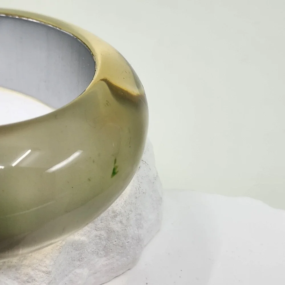 Chunky Olive Green Brown Translucent Resin Silver Tone Statement Bangle Bracelet